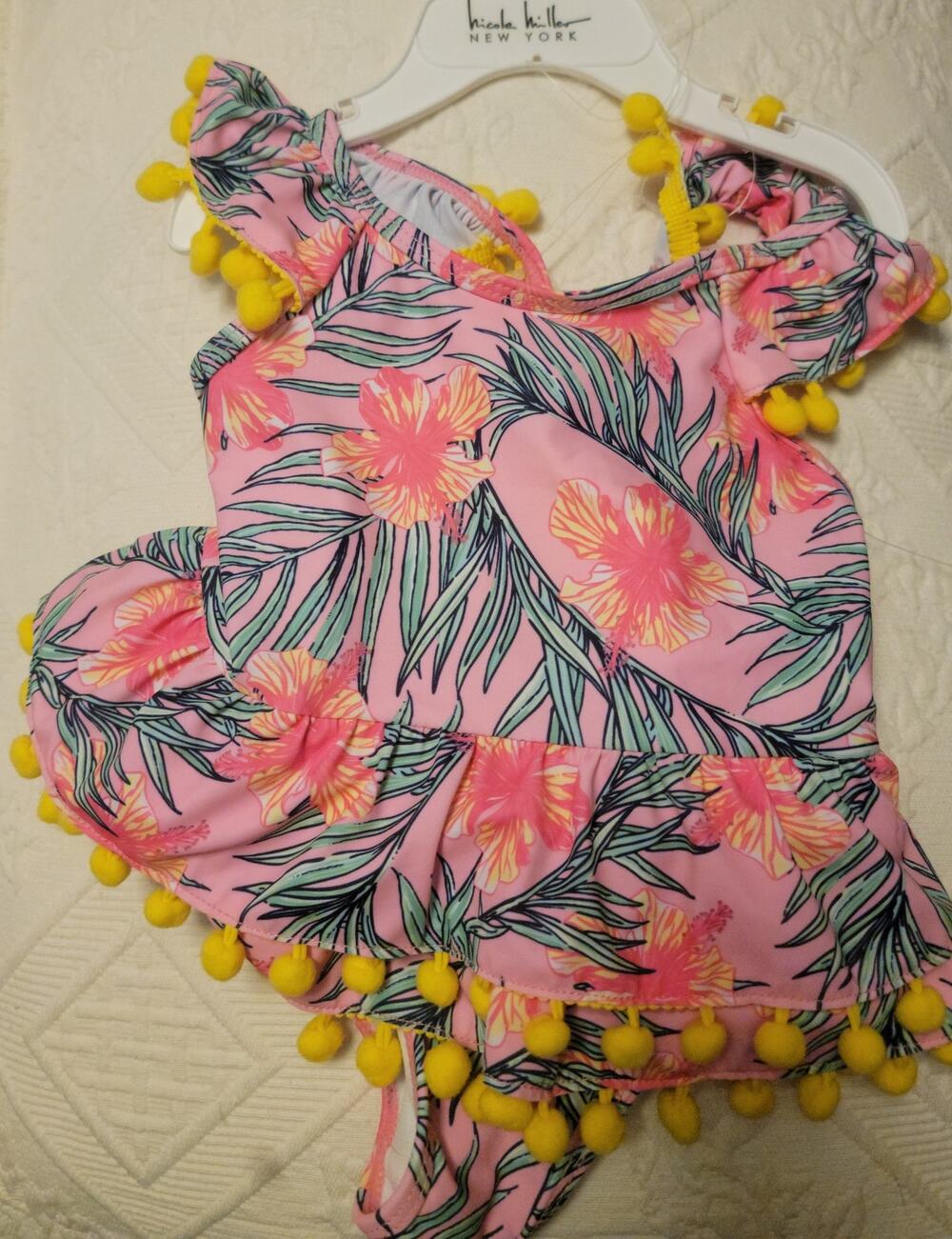 NWT Nicole Miller Girl's 24M Tropical Pink Floral Pom-Pom One-Piece Swimsuit